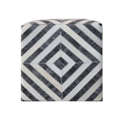 18" Dark Gray and Ivory Hair on Hide Cube Geometric Pouf Ottoman HomeRoots
