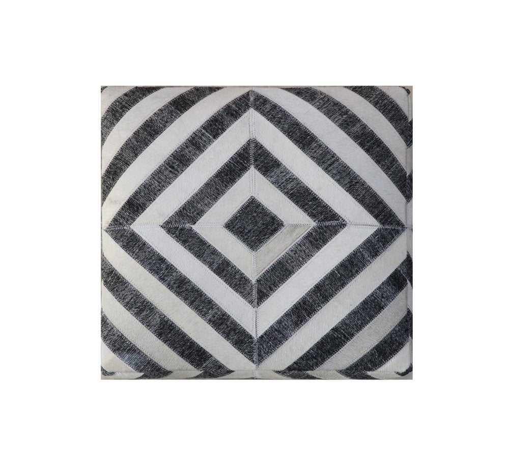 18" Dark Gray and Ivory Hair on Hide Cube Geometric Pouf Ottoman HomeRoots