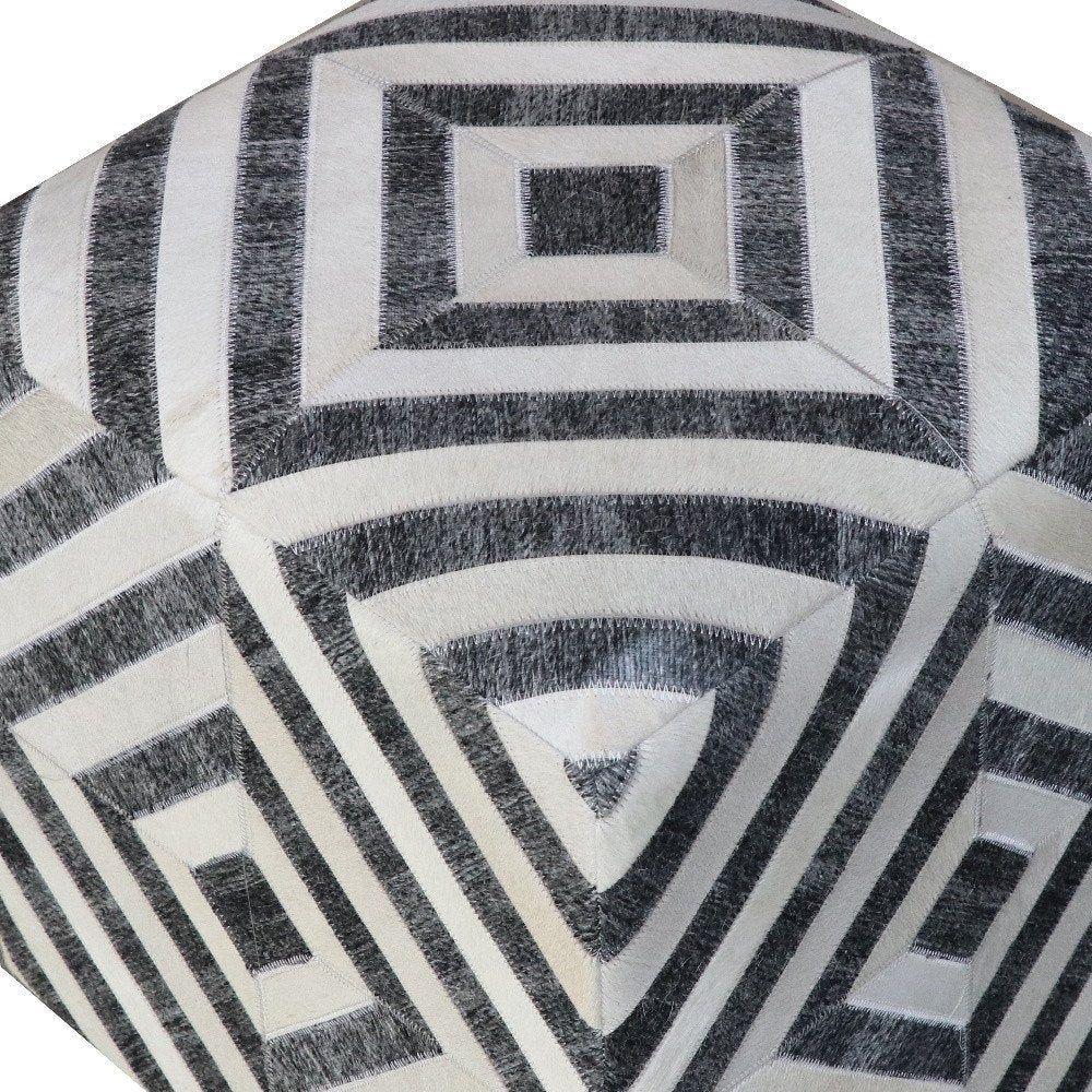 18" Dark Gray and Ivory Hair on Hide Cube Geometric Pouf Ottoman HomeRoots