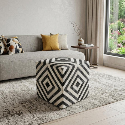 18" Dark Gray and Ivory Hair on Hide Cube Geometric Pouf Ottoman HomeRoots