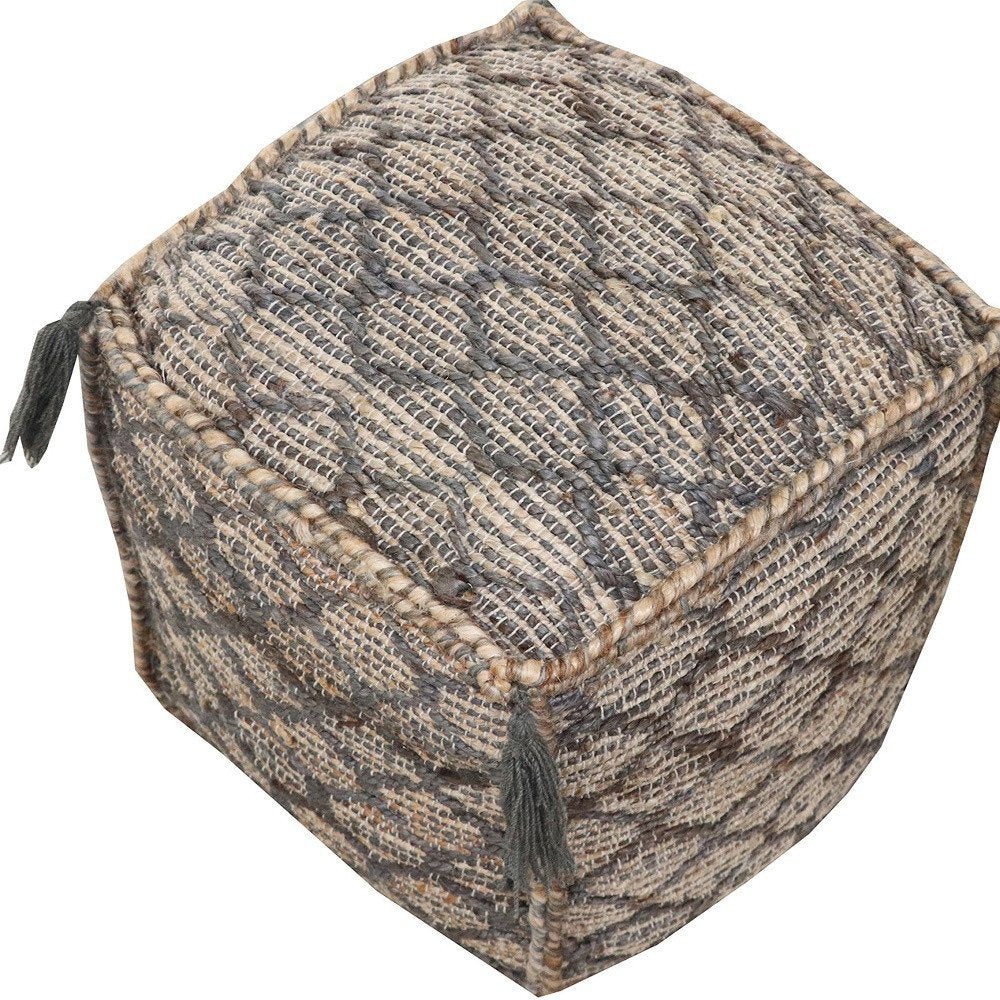 18" Natural Gray And Taupe Jute Cube Trellis Pouf Ottoman HomeRoots