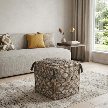 18" Natural Gray And Taupe Jute Cube Trellis Pouf Ottoman HomeRoots