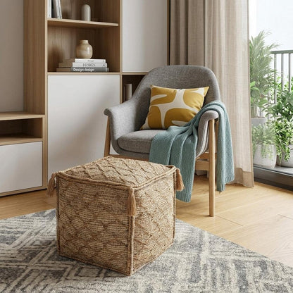 18" Brown Jute Cube Trellis Pouf Ottoman HomeRoots