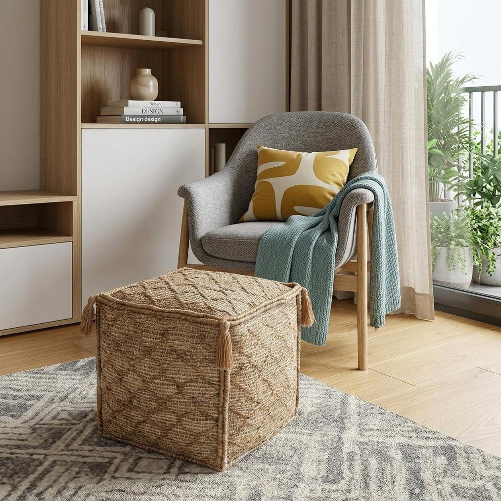 18" Brown Jute Cube Trellis Pouf Ottoman HomeRoots