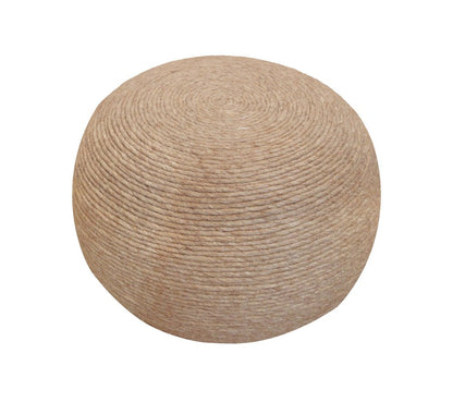 20" Beige Wool Round Ribbed Pouf Ottoman HomeRoots