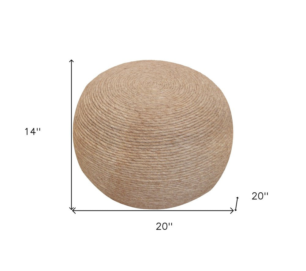 20" Beige Wool Round Ribbed Pouf Ottoman HomeRoots