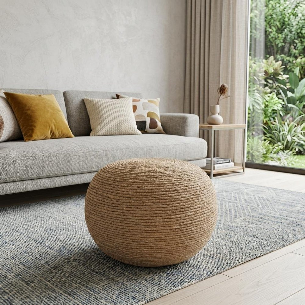 20" Beige Wool Round Ribbed Pouf Ottoman HomeRoots