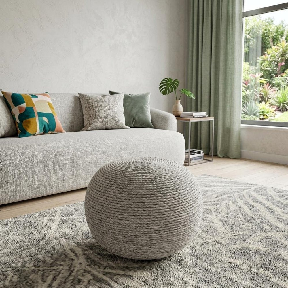 20" Gray Wool Round Ribbed Pouf Ottoman HomeRoots