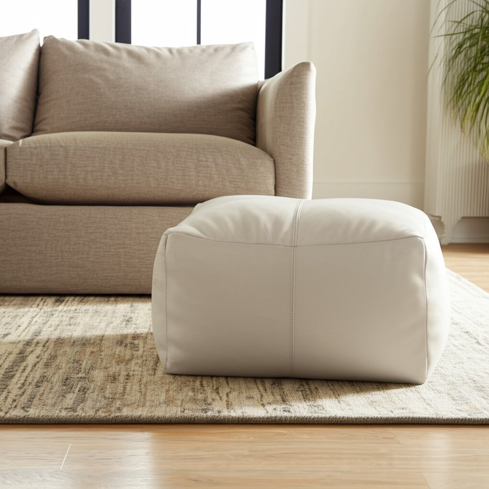 22" Ivory Leather Pouf Ottoman HomeRoots