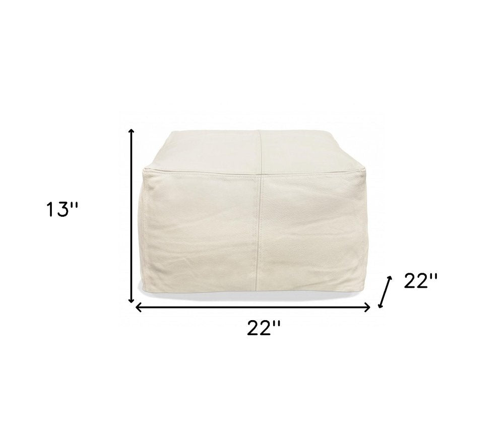 22" Ivory Leather Pouf Ottoman HomeRoots
