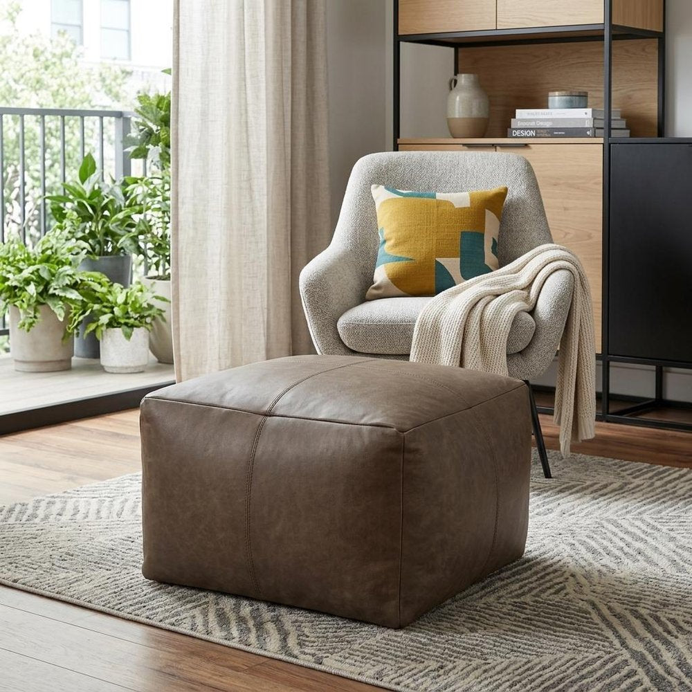 22" Gray Brown Distressed Leather Pouf Ottoman HomeRoots