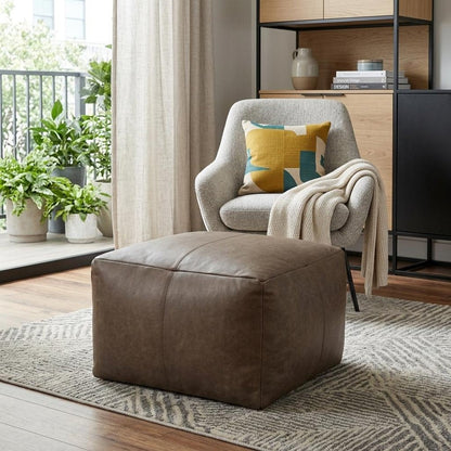 22" Gray Brown Distressed Leather Pouf Ottoman HomeRoots