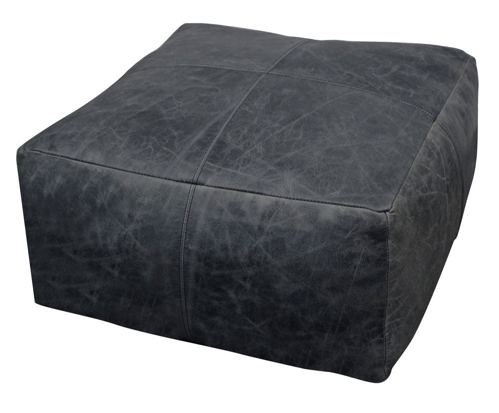 22" Black Distressed Leather Pouf Ottoman HomeRoots
