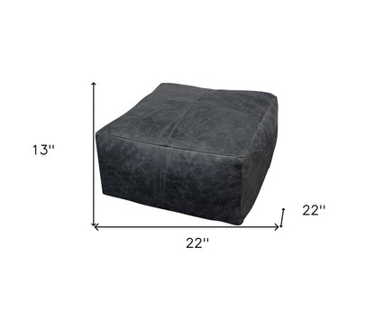 22" Black Distressed Leather Pouf Ottoman HomeRoots