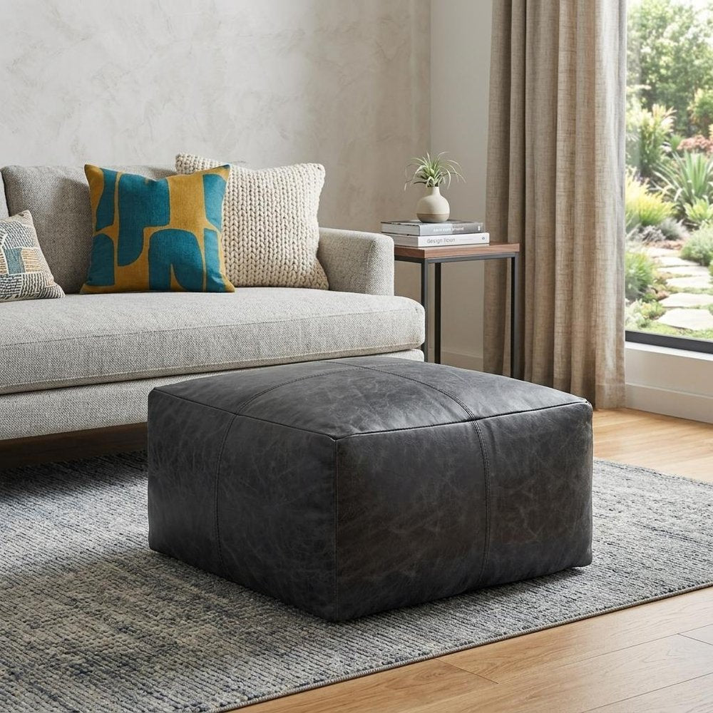 22" Black Distressed Leather Pouf Ottoman HomeRoots