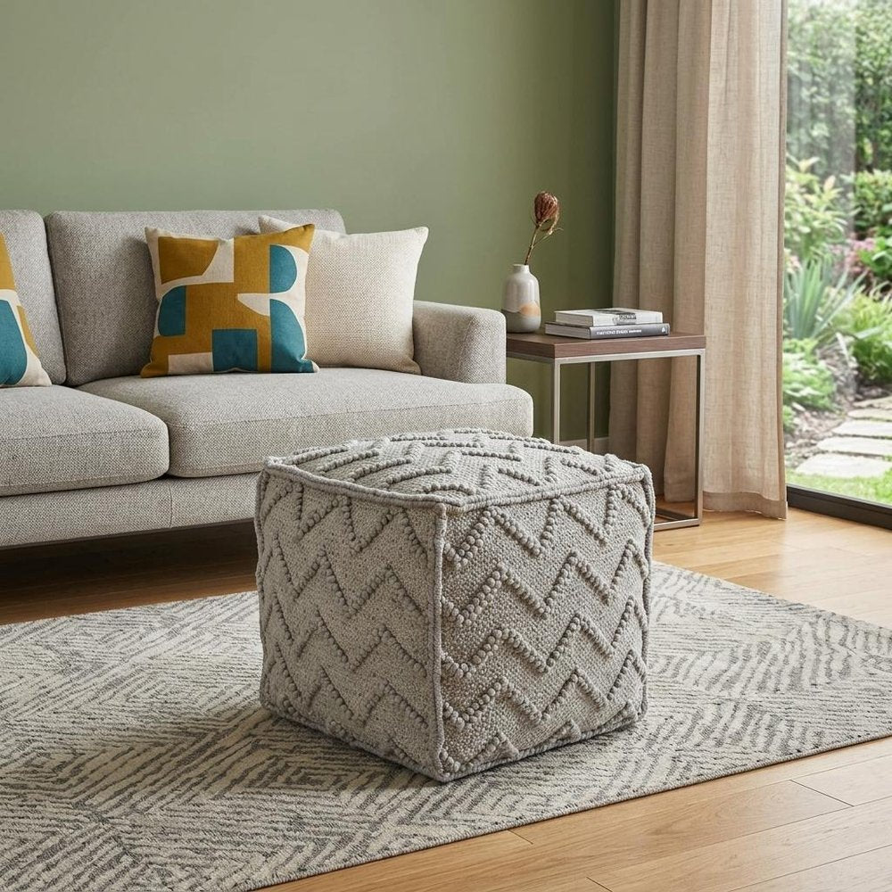 18" Gray Wool Cotton Blend Cube Chevron Pouf Ottoman HomeRoots