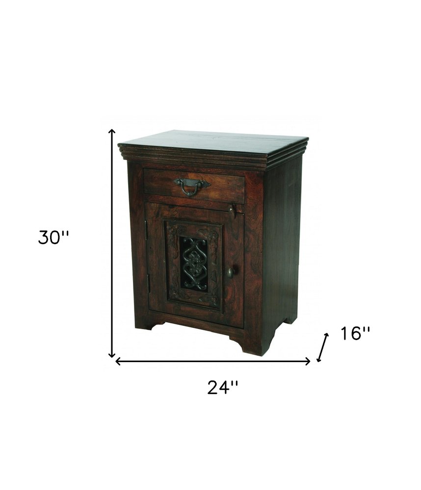 30" Dark Brown Solid Wood One Drawer Nightstand — view 4