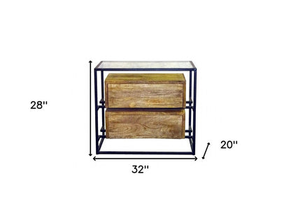 28" Natural Solid Wood and Glass Two Drawer Nightstand HomeRoots