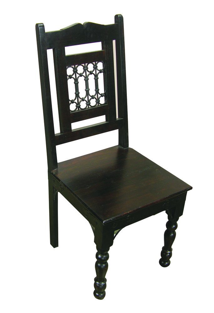 Dark Brown Metal and Wood Slat Back Dining Side Chair — view 1