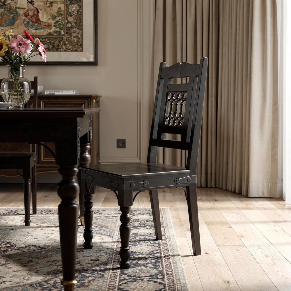 Dark Brown Metal and Wood Slat Back Dining Side Chair — view 3