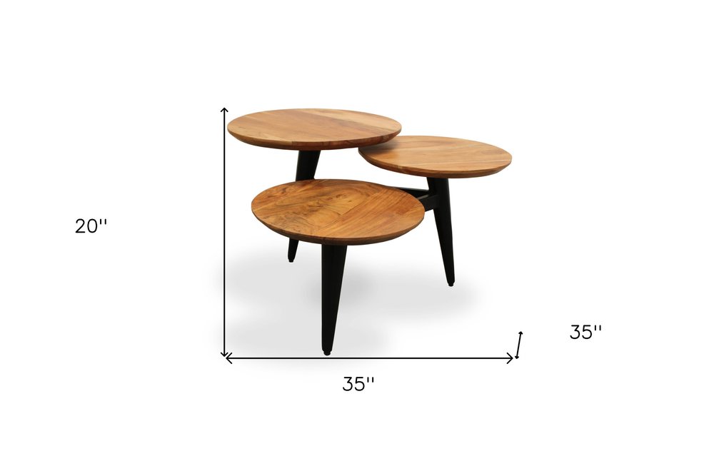 35" Natural Brown and Black Solid Wood and Iron Round Distressed Coffee Table HomeRoots