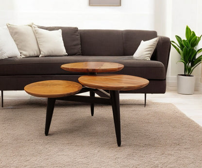 35" Black And Natural Brown Solid Wood Round Distressed Coffee Table