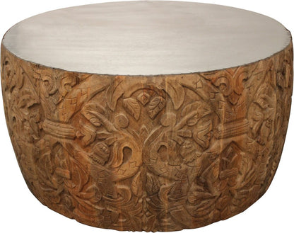 32" White and Natural Iron and Solid Wood Round Drum Coffee Table HomeRoots