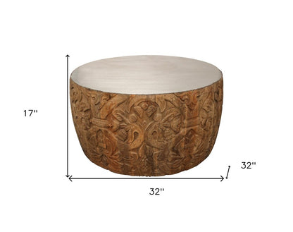 32" White and Natural Iron and Solid Wood Round Drum Coffee Table HomeRoots