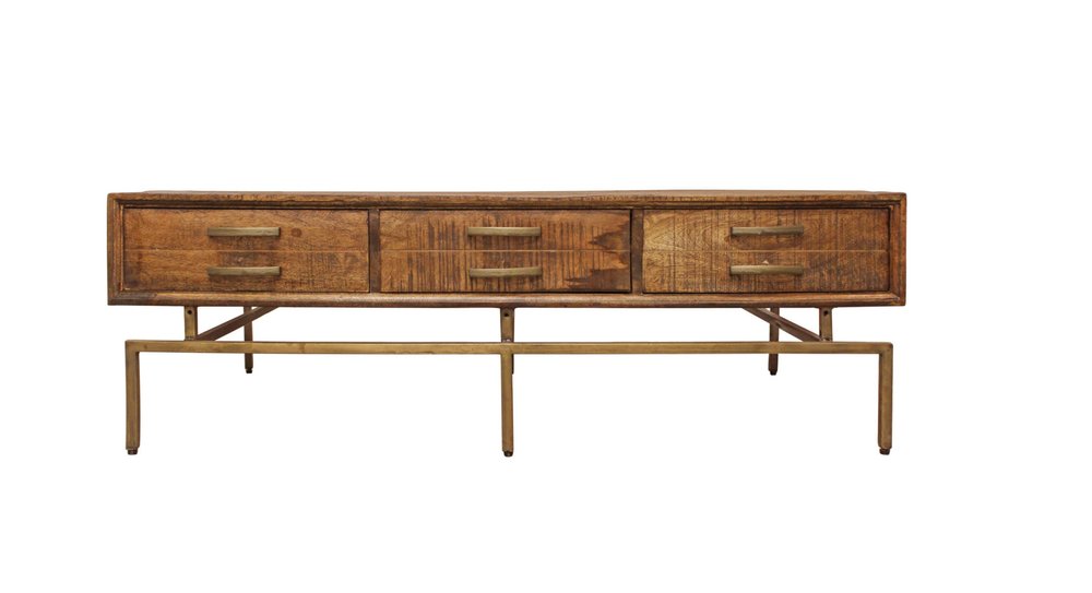 56" Brown and Brass Solid Wood and Iron Distressed Frame Coffee Table With Six Drawers HomeRoots