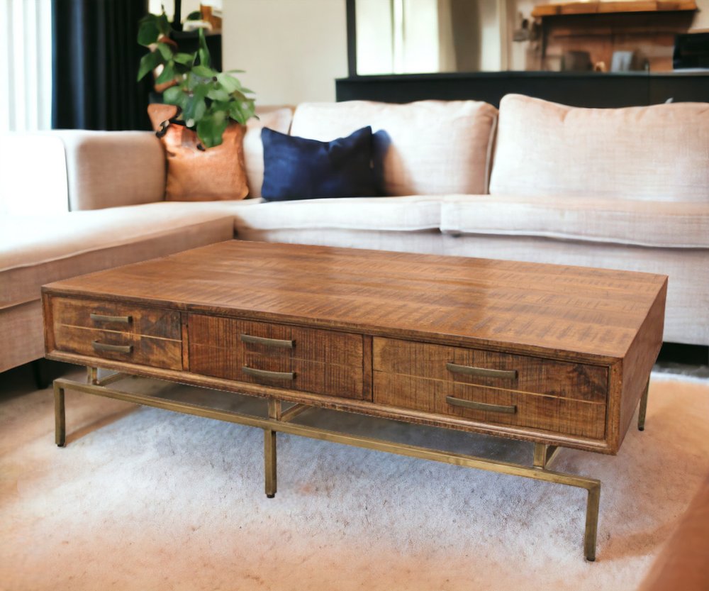 56" Brown and Brass Solid Wood and Iron Distressed Frame Coffee Table With Six Drawers HomeRoots