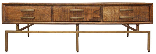 56" Brown and Brass Solid Wood and Iron Distressed Frame Coffee Table With Six Drawers HomeRoots