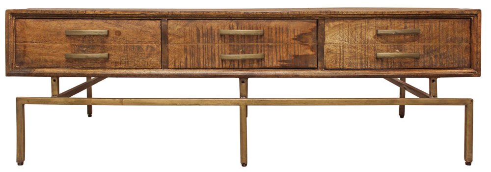 56" Brown and Brass Solid Wood and Iron Distressed Frame Coffee Table With Six Drawers HomeRoots