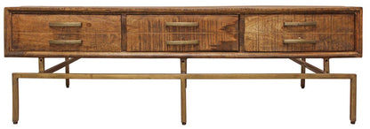 56" Brown and Brass Solid Wood and Iron Distressed Frame Coffee Table With Six Drawers HomeRoots