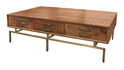 56" Brown and Brass Solid Wood and Iron Distressed Frame Coffee Table With Six Drawers HomeRoots