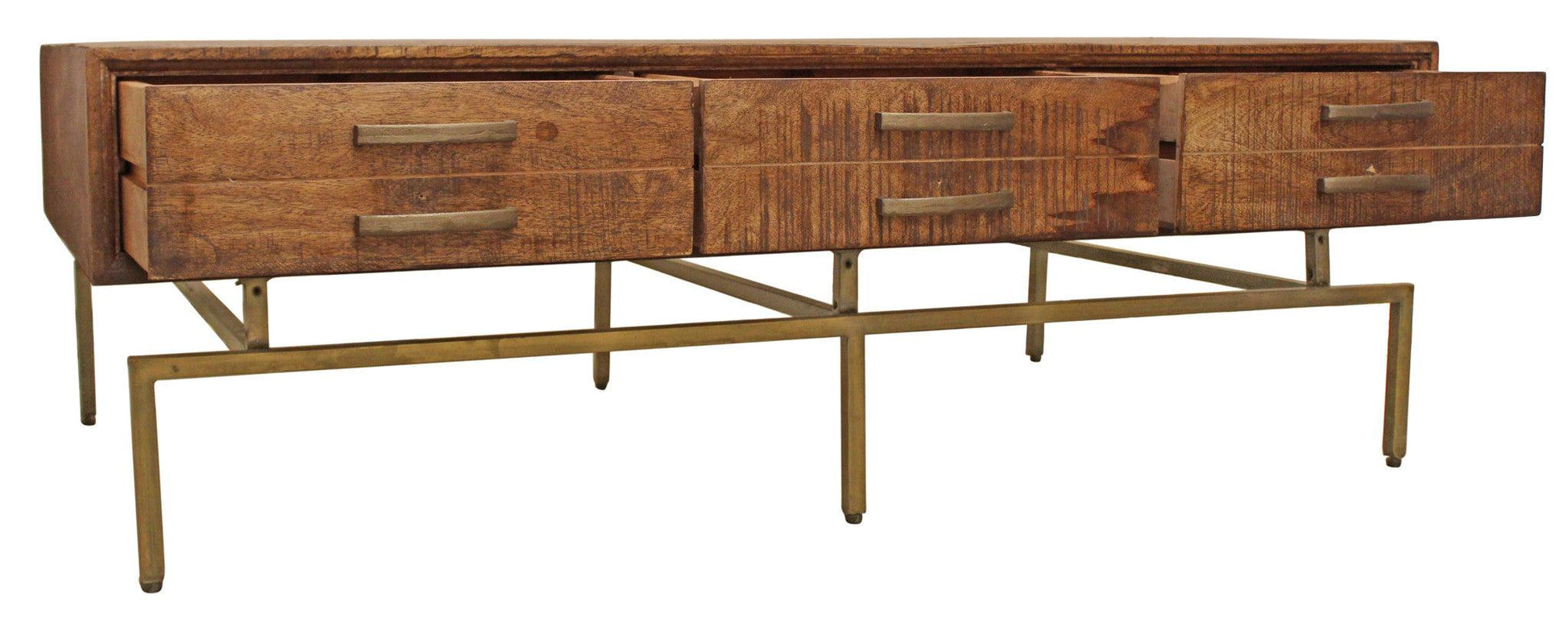 56" Brass And Brown Solid Wood Rectangular Distressed Storage Coffee Table - FurniFindUSA