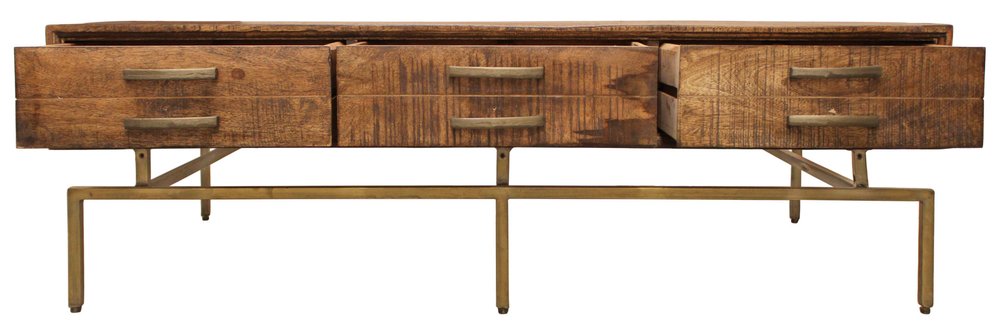 56" Brown and Brass Solid Wood and Iron Distressed Frame Coffee Table With Six Drawers HomeRoots