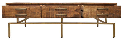 56" Brown and Brass Solid Wood and Iron Distressed Frame Coffee Table With Six Drawers HomeRoots