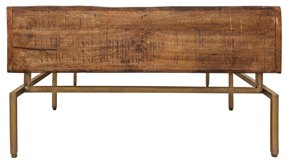 56" Brown and Brass Solid Wood and Iron Distressed Frame Coffee Table With Six Drawers HomeRoots