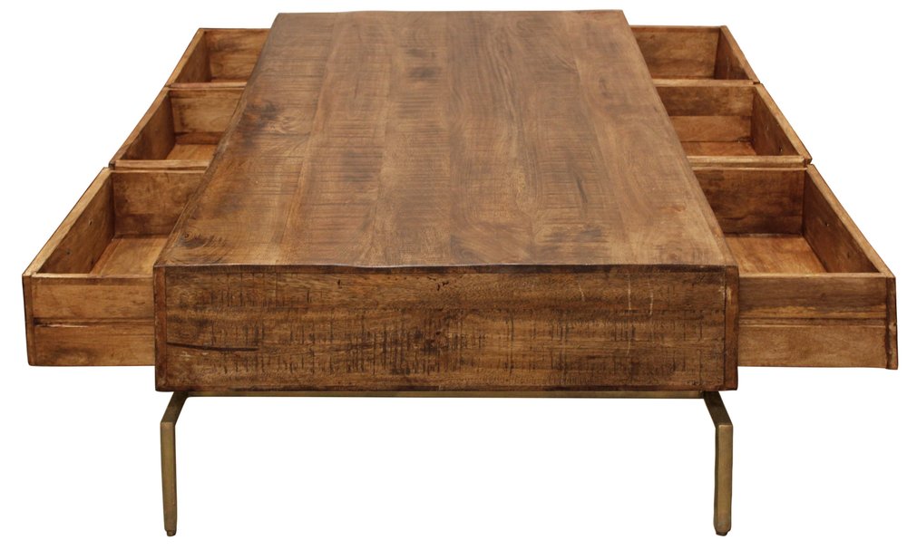 56" Brown and Brass Solid Wood and Iron Distressed Frame Coffee Table With Six Drawers HomeRoots