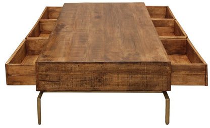 56" Brown and Brass Solid Wood and Iron Distressed Frame Coffee Table With Six Drawers HomeRoots