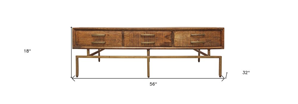 56" Brown and Brass Solid Wood and Iron Distressed Frame Coffee Table With Six Drawers HomeRoots