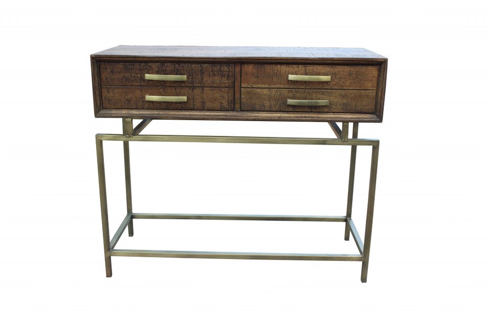 36" Brown and Brass Solid Wood Distressed Frame Console Table With Storage HomeRoots