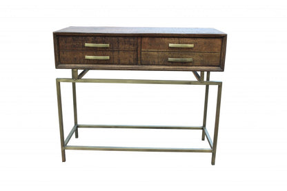 36" Brown and Brass Solid Wood Distressed Frame Console Table With Storage HomeRoots