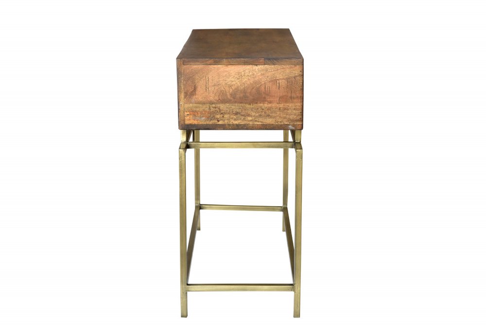 36" Brown and Brass Solid Wood Distressed Frame Console Table With Storage HomeRoots