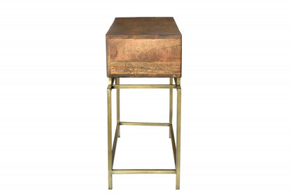 36" Brown and Brass Solid Wood Distressed Frame Console Table With Storage HomeRoots