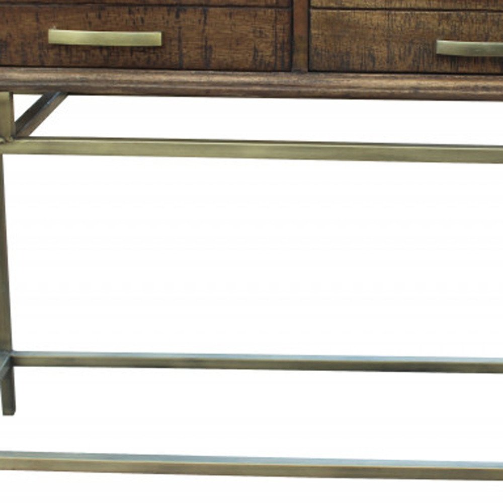 36" Brown and Brass Solid Wood Distressed Frame Console Table With Storage HomeRoots