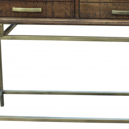 36" Brown and Brass Solid Wood Distressed Frame Console Table With Storage HomeRoots
