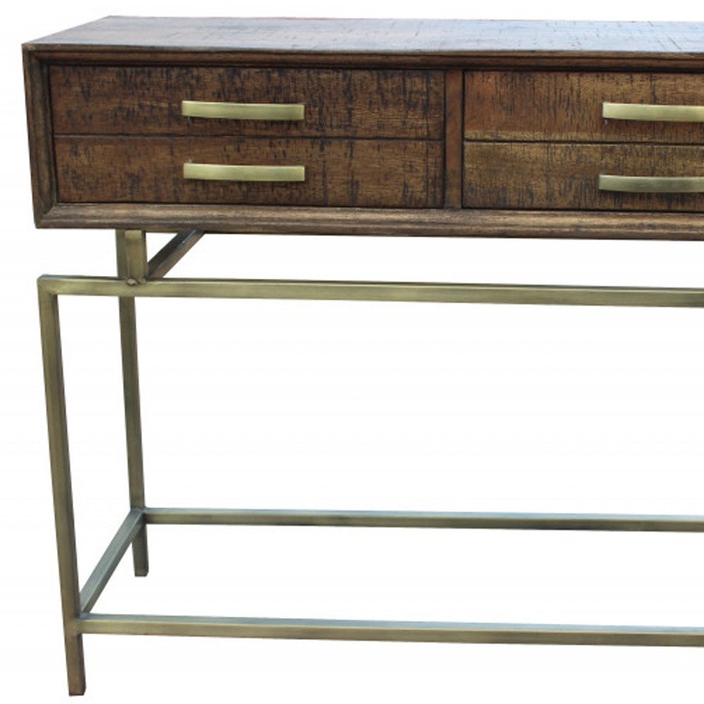 36" Brown and Brass Solid Wood Distressed Frame Console Table With Storage HomeRoots