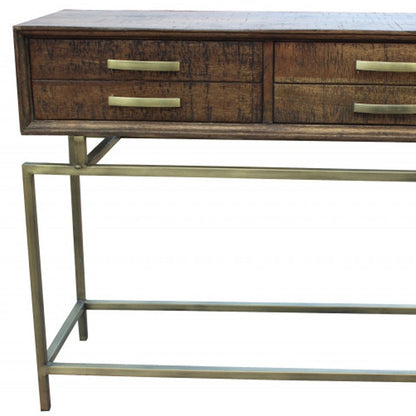 36" Brown and Brass Solid Wood Distressed Frame Console Table With Storage HomeRoots