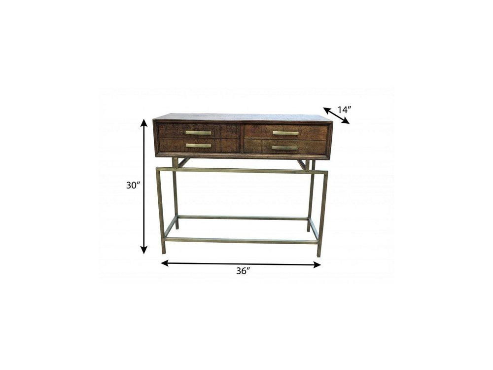 36" Brown and Brass Solid Wood Distressed Frame Console Table With Storage HomeRoots